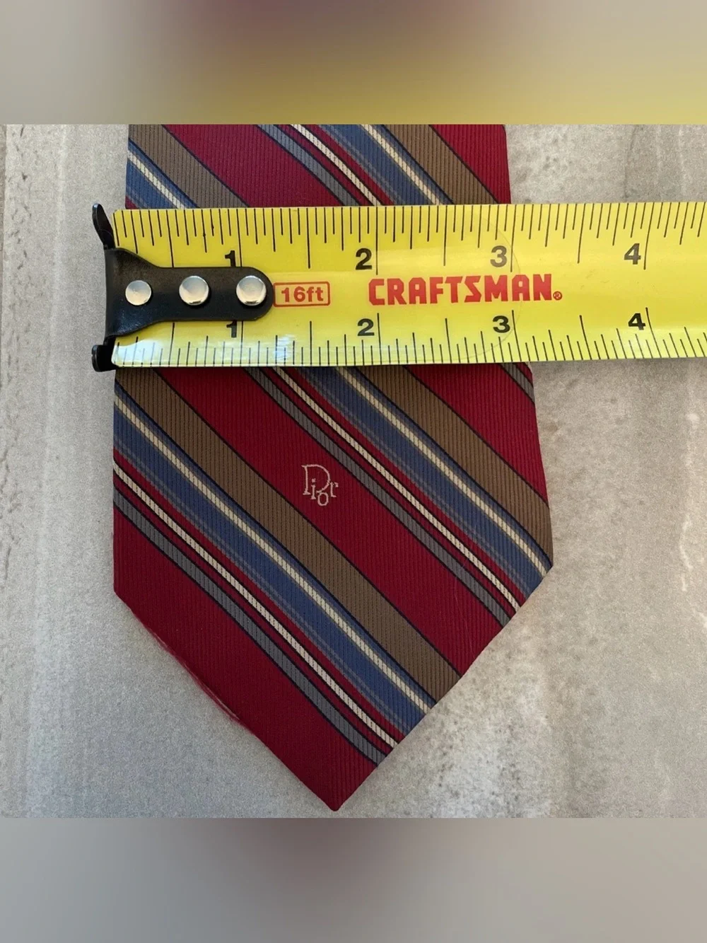 VTG Christian Dior Men’s Necktie Red White Blue Gray Stripe Logo Wording
